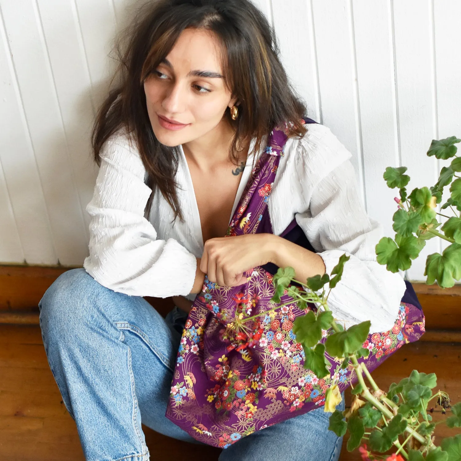 Handmade Origami Bag | Market Bag | Purple Chrysanthemum Design