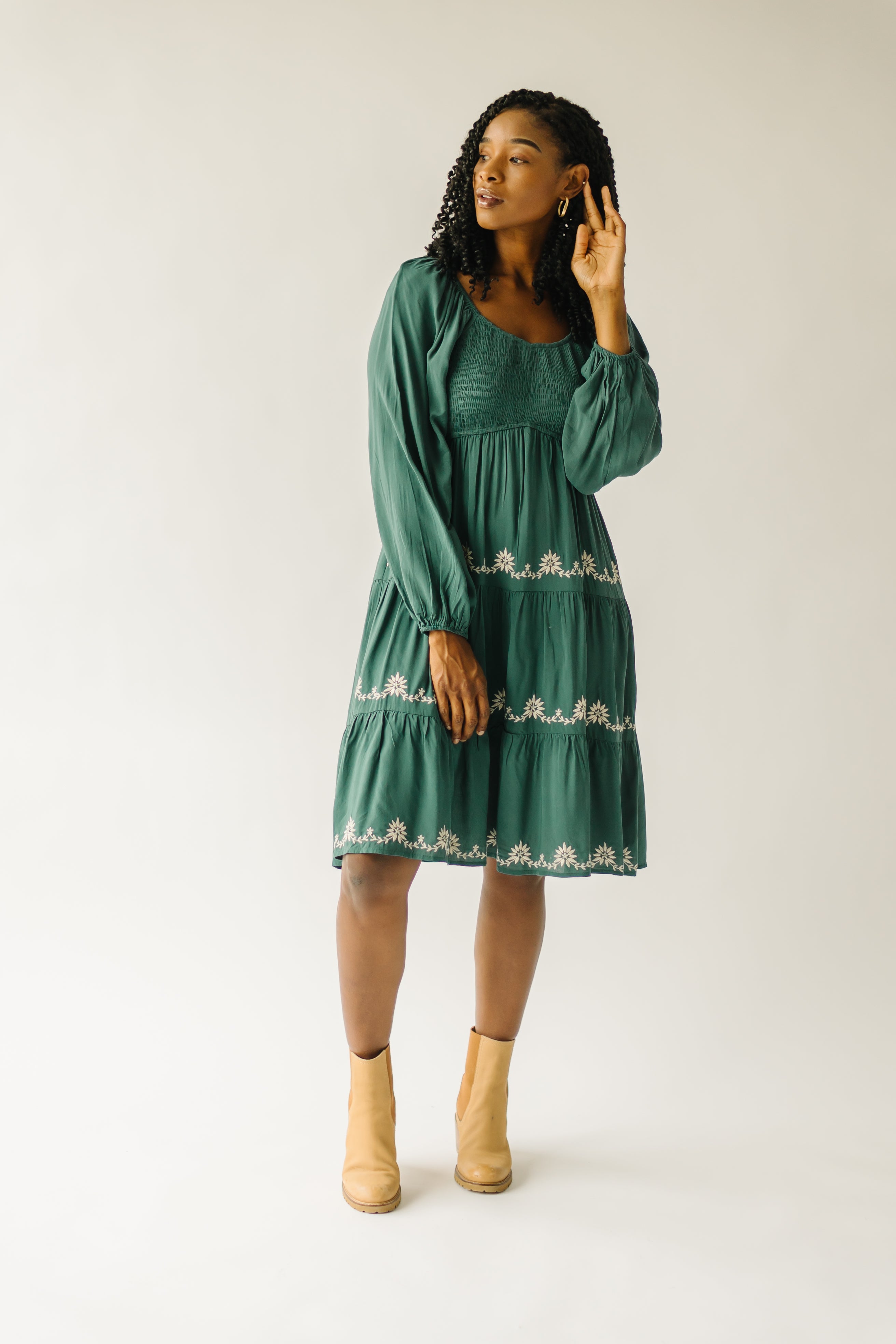 Havana Dress - Hunter Green - Embroidered Detail.