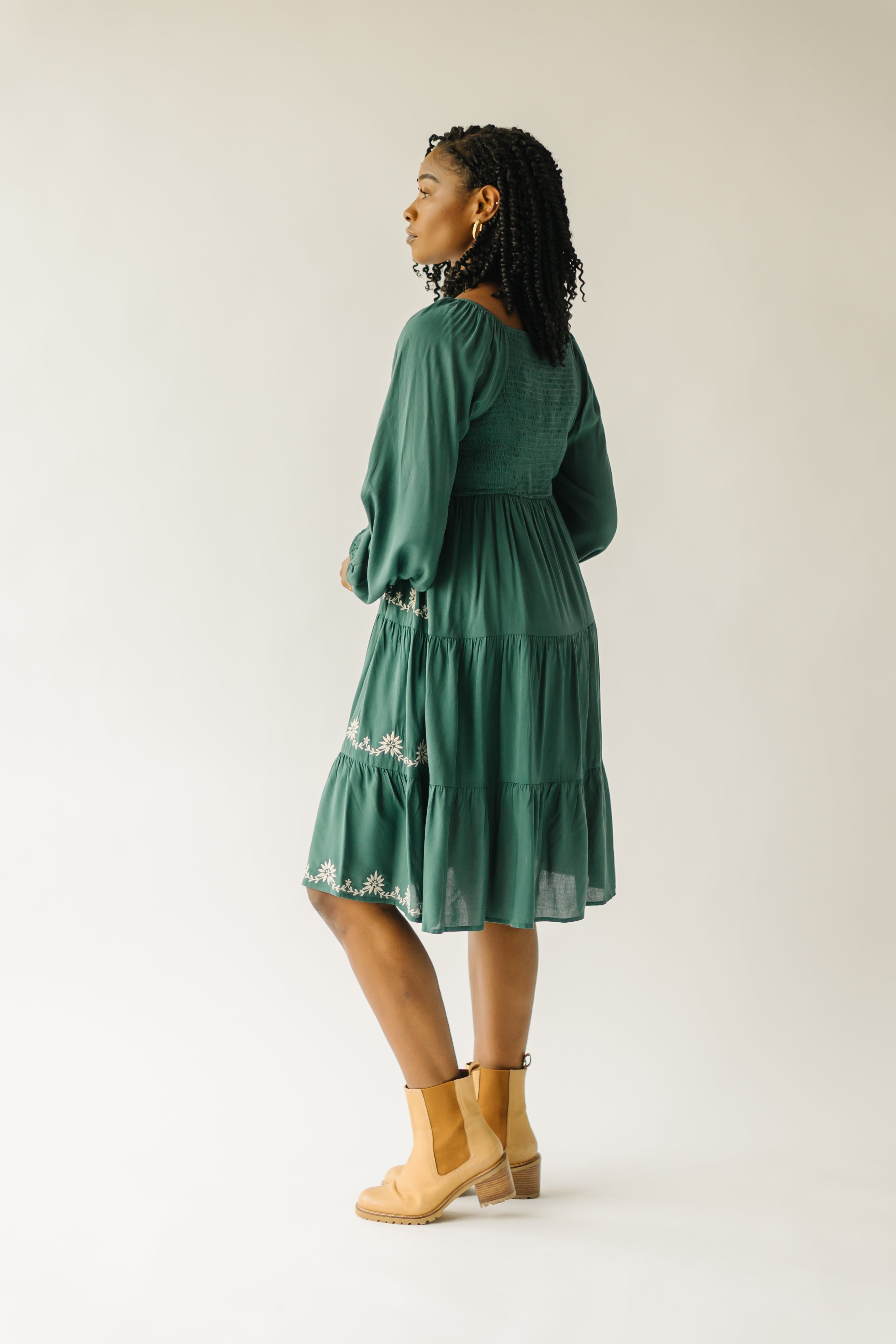 Havana Dress - Hunter Green - Embroidered Detail.