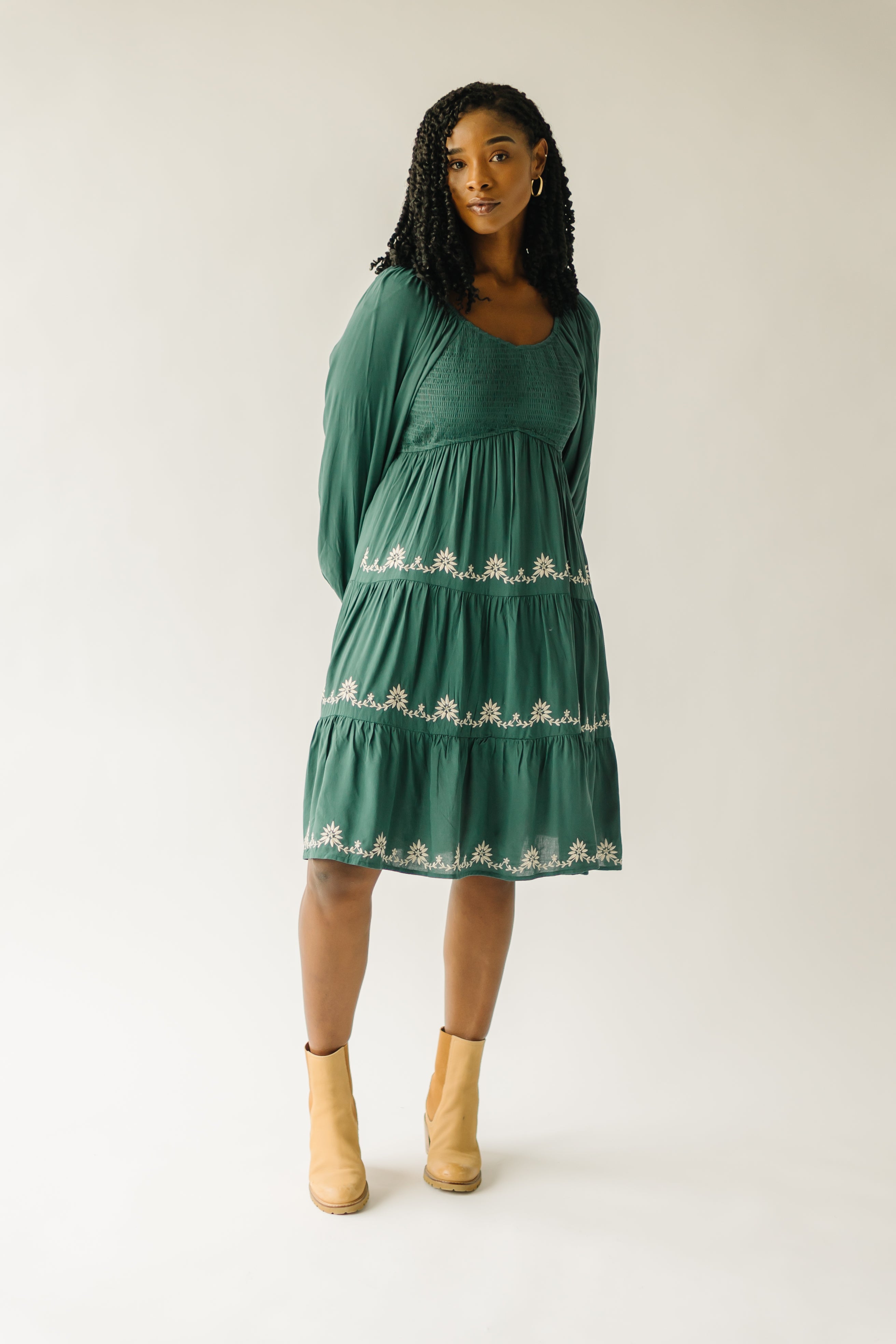 Havana Dress - Hunter Green - Embroidered Detail.