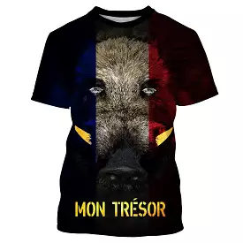 Hunting Boar, Boar Head, Funny Hunter T-Shirt, France Flag - VECHSA002