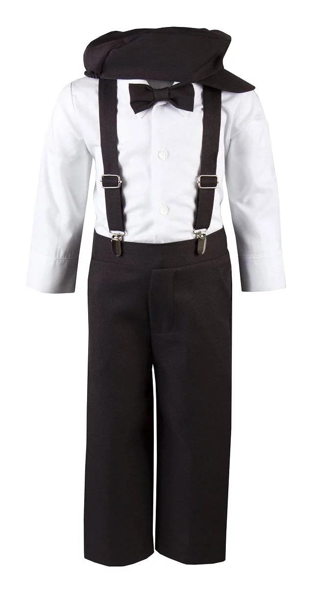 Kids Colored Suspender Pant Set with Pageboy Cap and Bow Tie