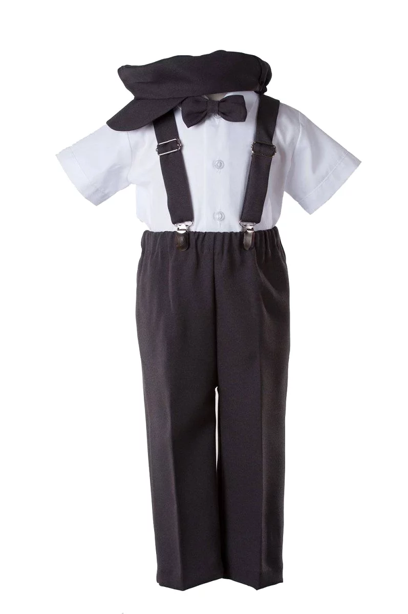 Kids Suspender Pant Set with Short Sleeve and Pageboy Cap