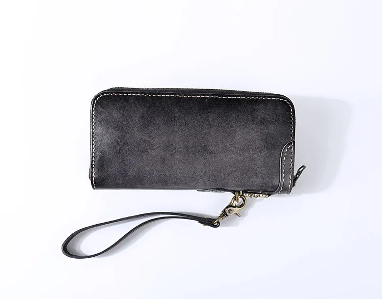 Leather Cross Square Zipper Clutch Purse - Unisex Handmade Genuine