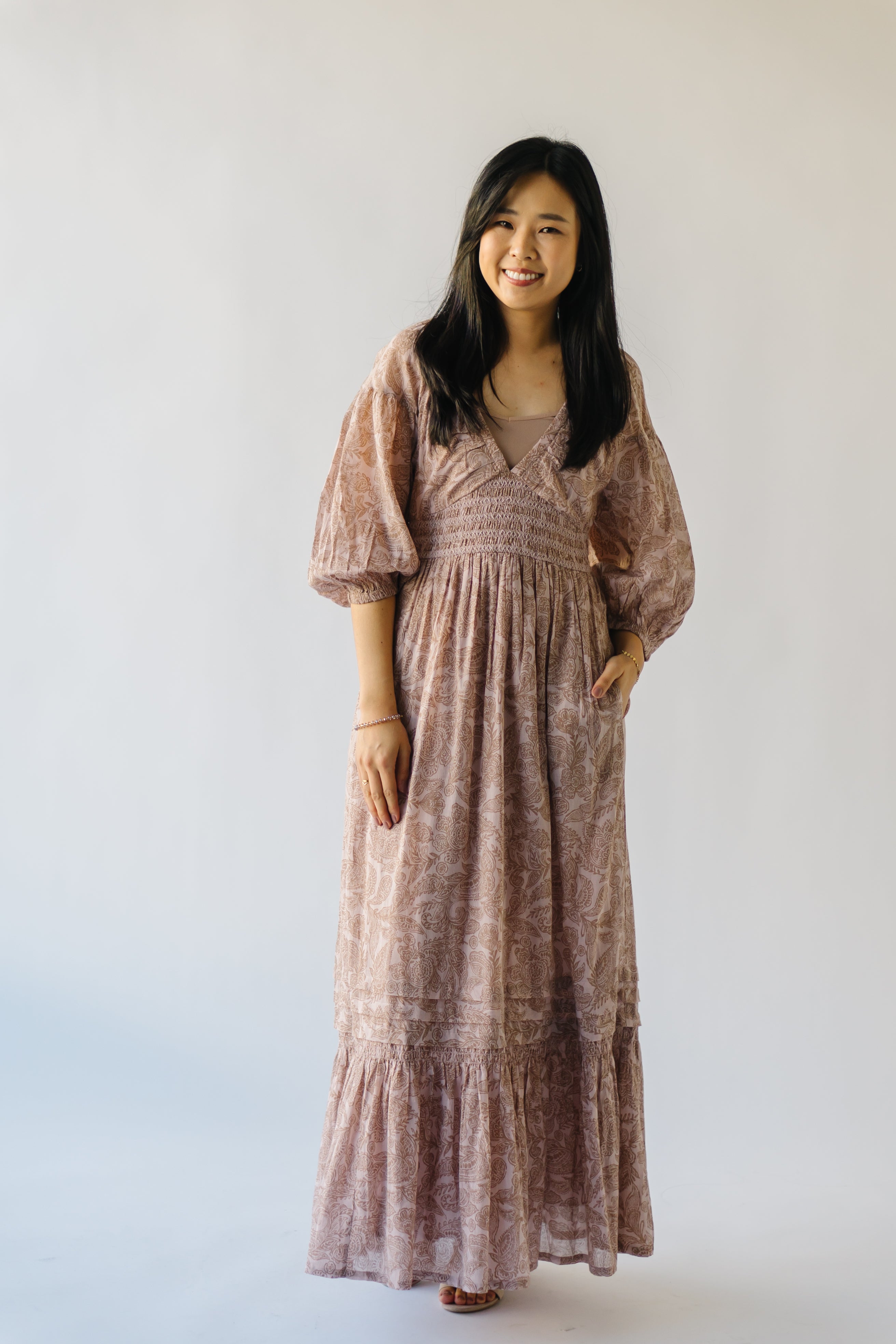 Lewiston Sandstone Maxi Dress with Smocked Detail