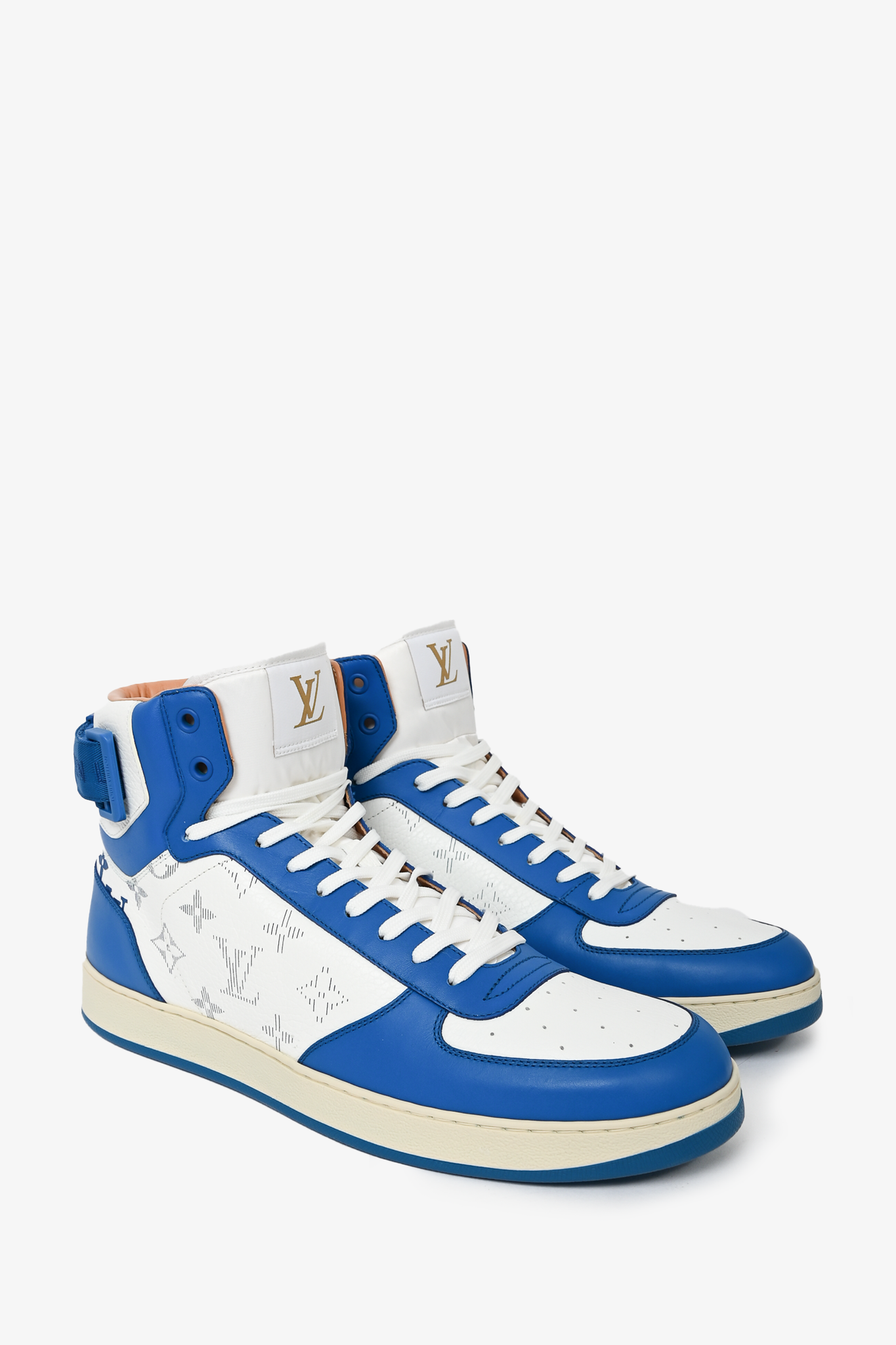 Louis Vuitton Mens High Top Sneakers - Blue/White Leather - Size 9