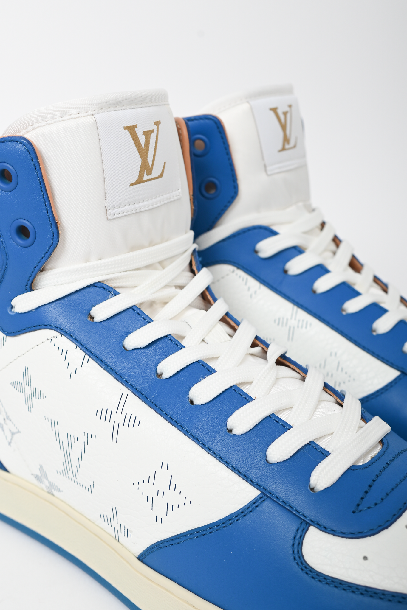 Louis Vuitton Mens High Top Sneakers - Blue/White Leather - Size 9