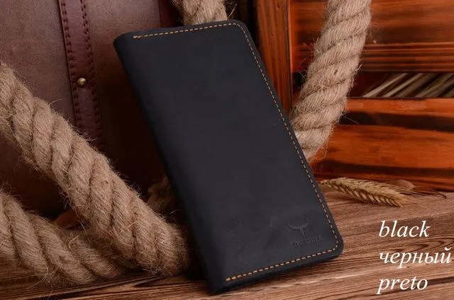 Men's Long Style Crazy Horse Leather Wallets in Two Colors.