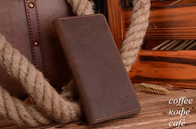 Men's Long Style Crazy Horse Leather Wallets in Two Colors.