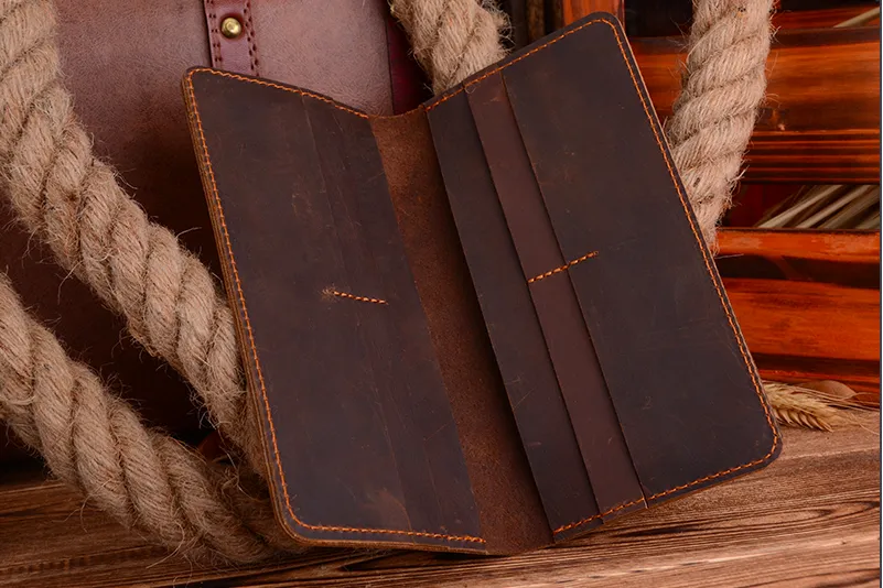 Men's Long Style Crazy Horse Leather Wallets in Two Colors.