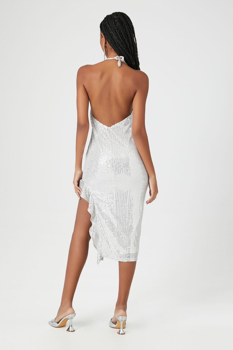 Midi Dress with Sequin Halter - Asymmetrical