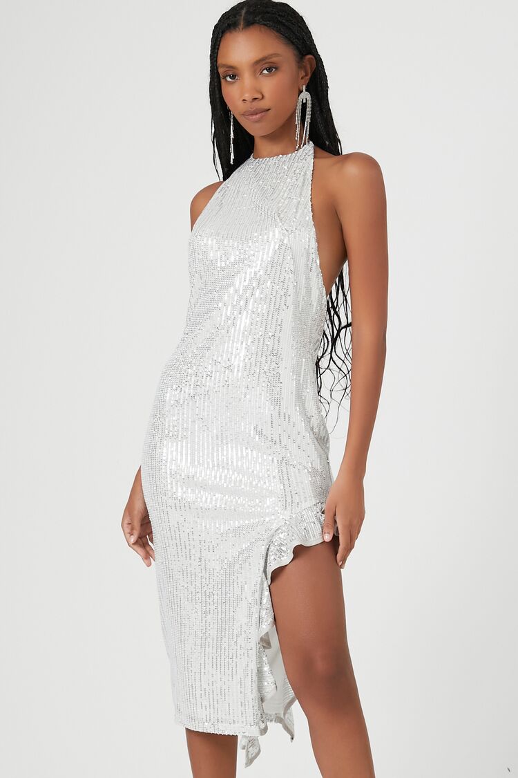 Midi Dress with Sequin Halter - Asymmetrical