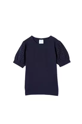 Milky Navy Embroidered Sleeve T-Shirt