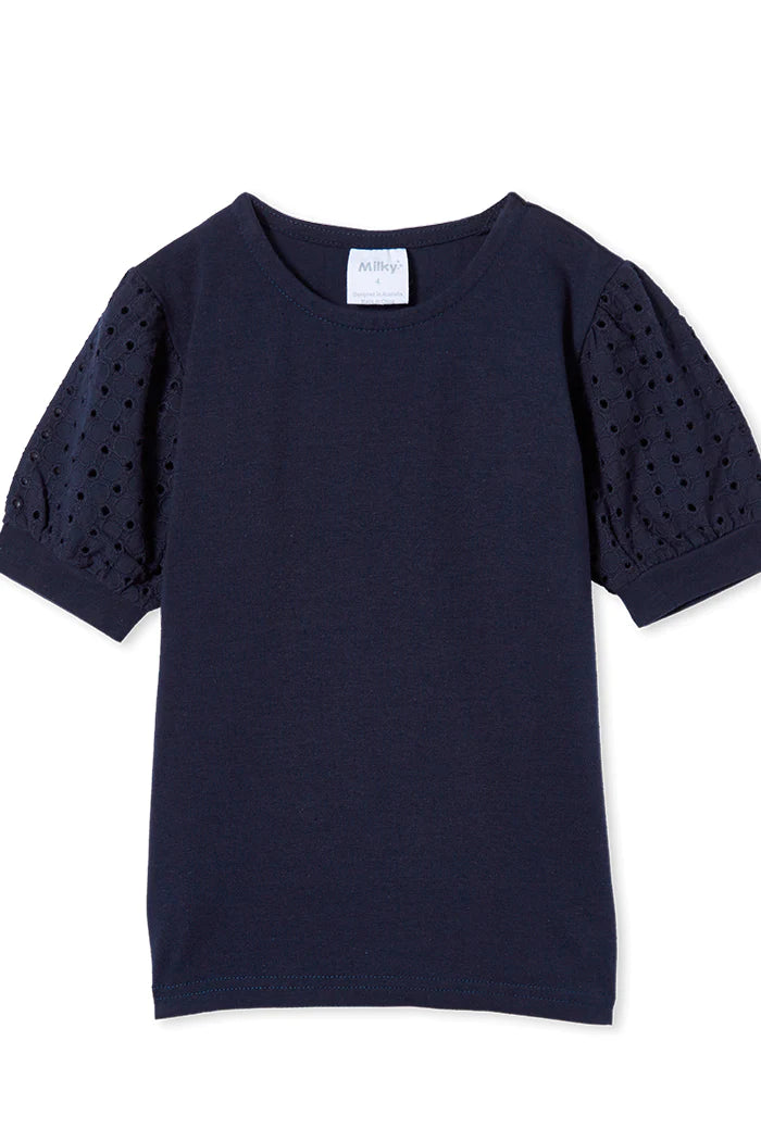 Milky Navy Embroidered Sleeve T-Shirt