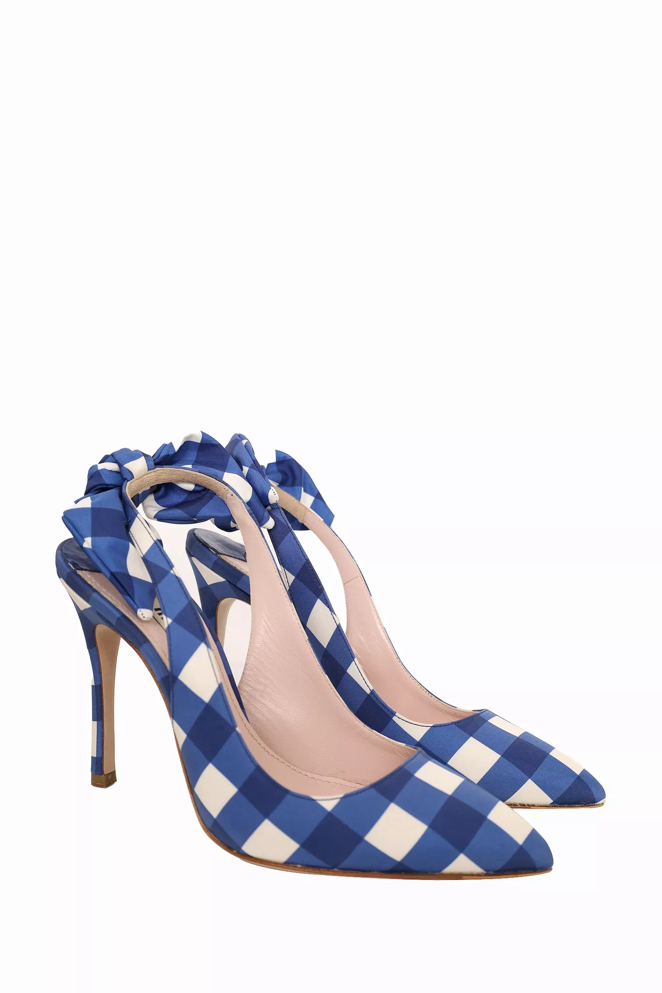 Miu Miu Blue/White Checkered Satin Bow Slingback Sandals Size 36.5