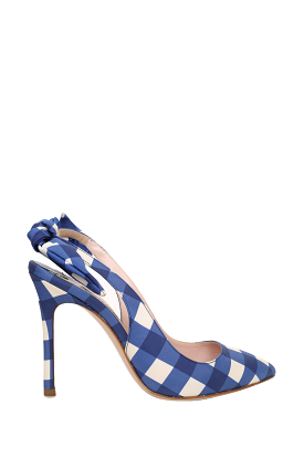 Miu Miu Blue/White Checkered Satin Bow Slingback Sandals Size 36.5