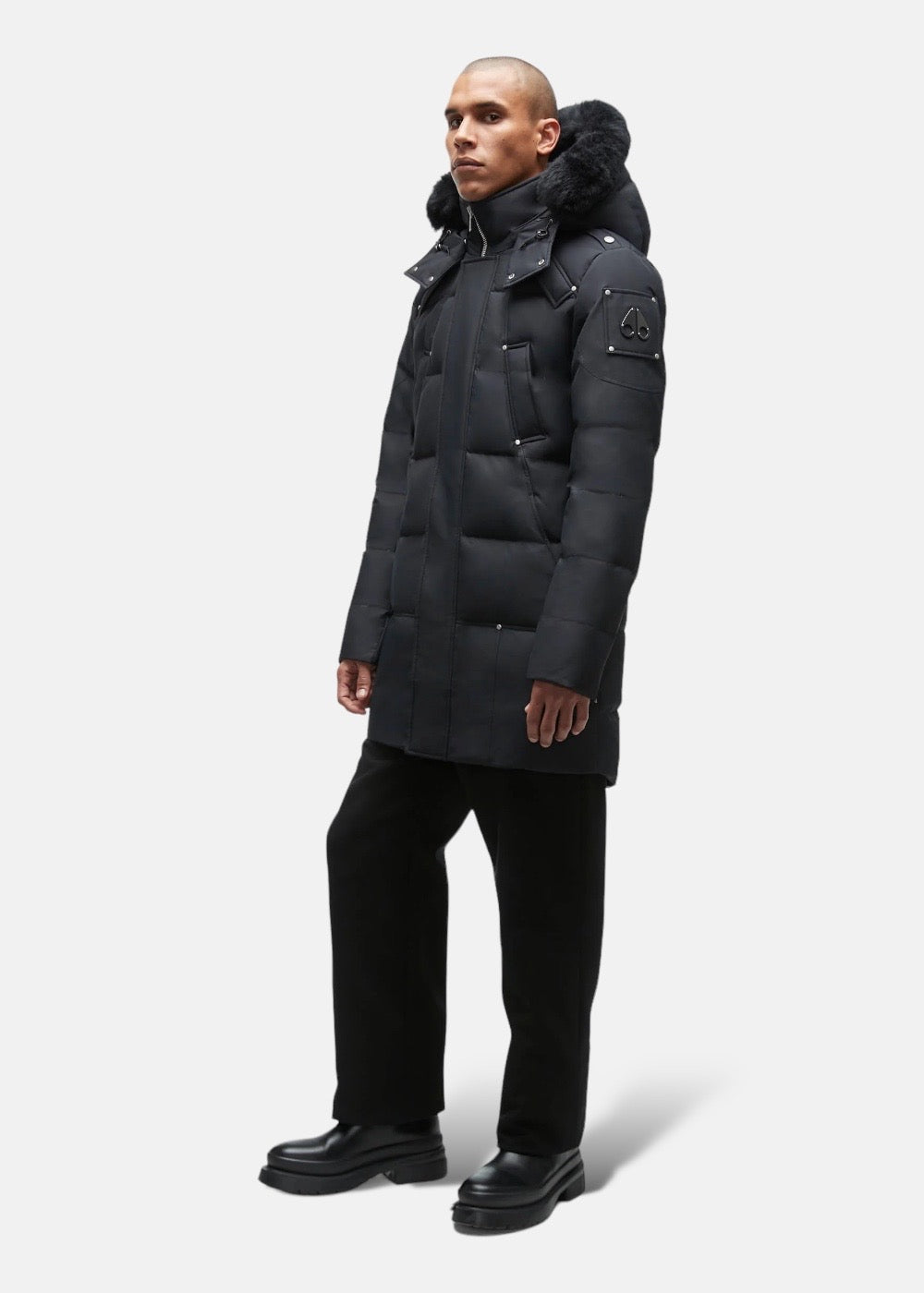 Moose Knuckles Black Cloud parka with black fur.