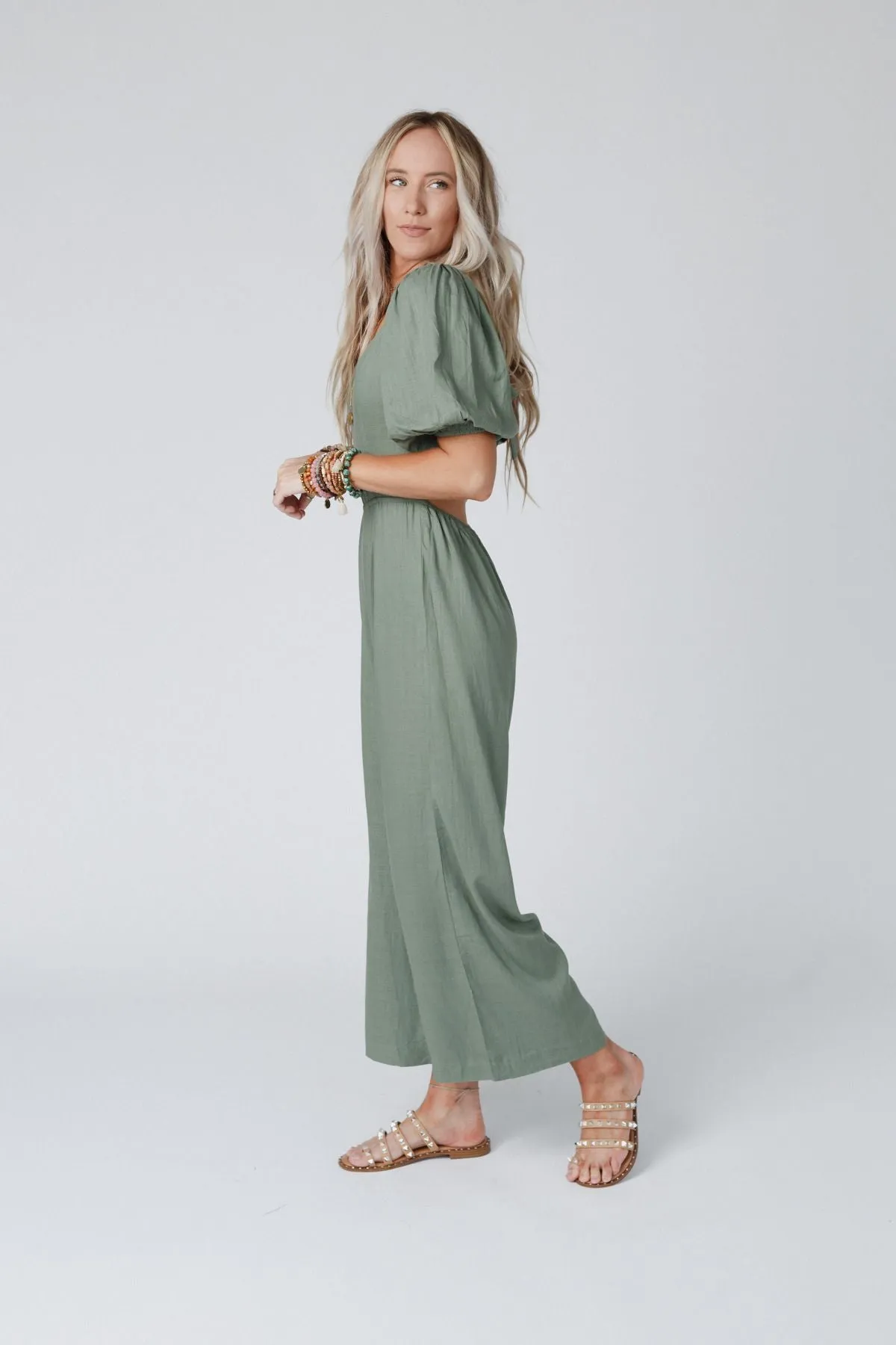 Olive Puff Sleeve Jumpsuit