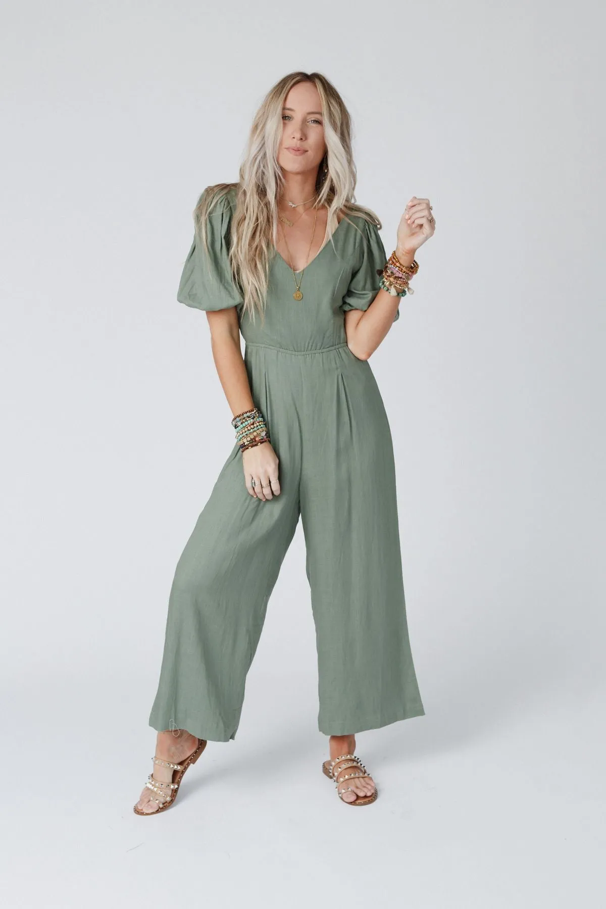 Olive Puff Sleeve Jumpsuit