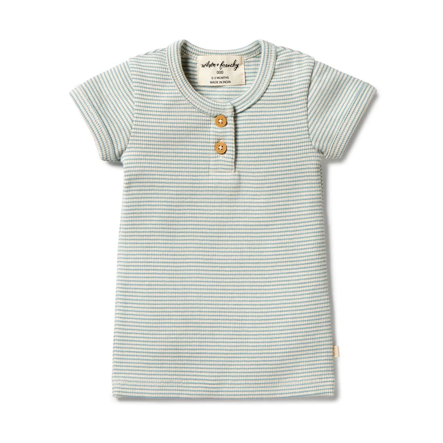 Organic Rib Henley Tee - Mineral Blue