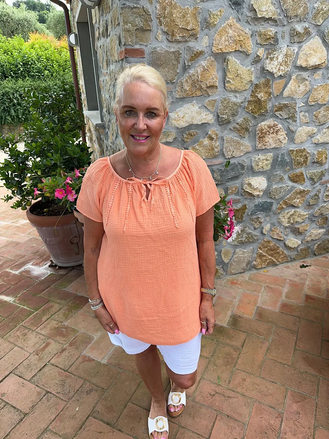 Peach Bubble Cotton Tie Neck Top Alessia