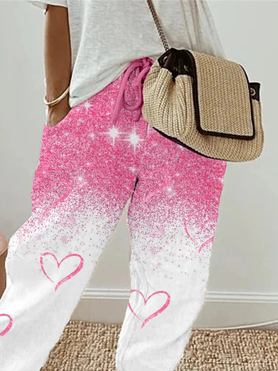 Pink Faux Linen High Waist Sweatpants for Women - Cozy Print