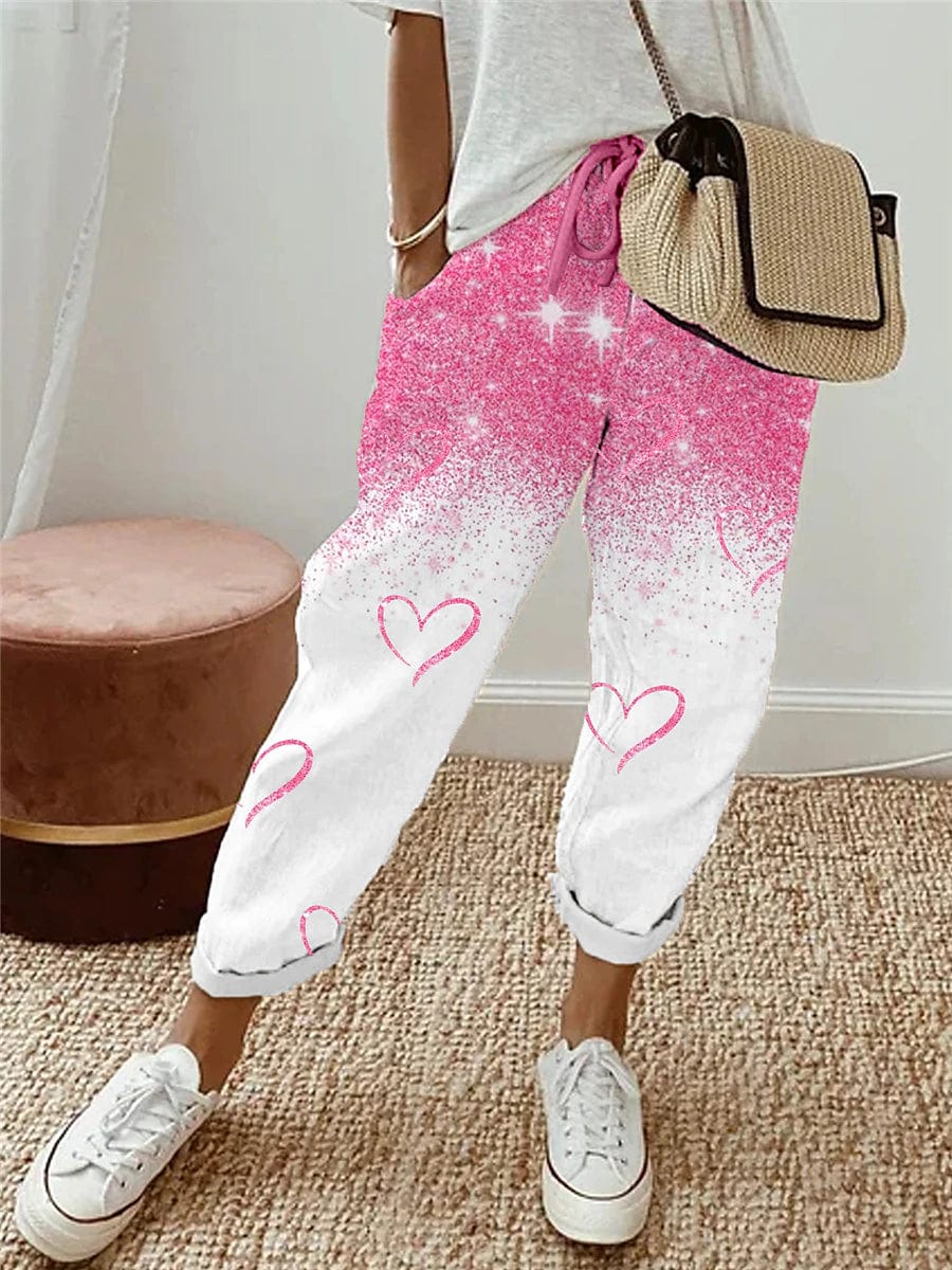 Pink Faux Linen High Waist Sweatpants for Women - Cozy Print