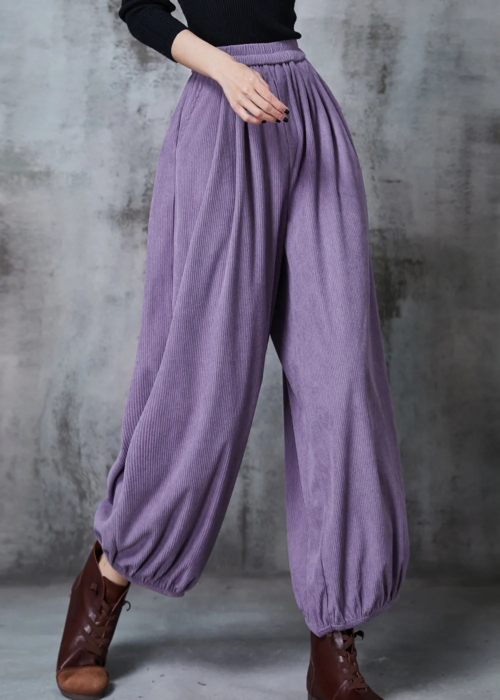 Purple Corduroy Pants Plus Size Elastic Waist Spring.