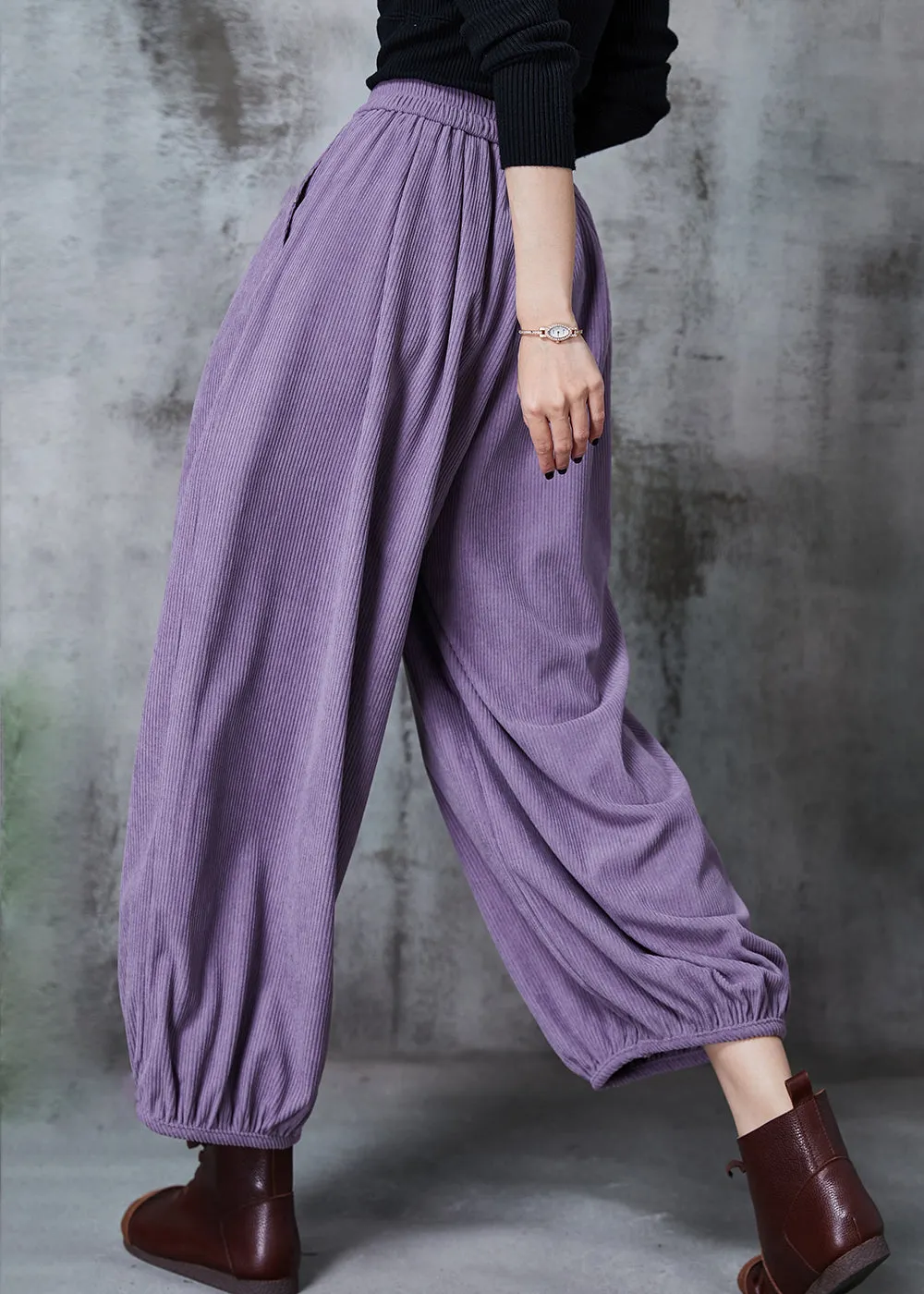 Purple Corduroy Pants Plus Size Elastic Waist Spring.