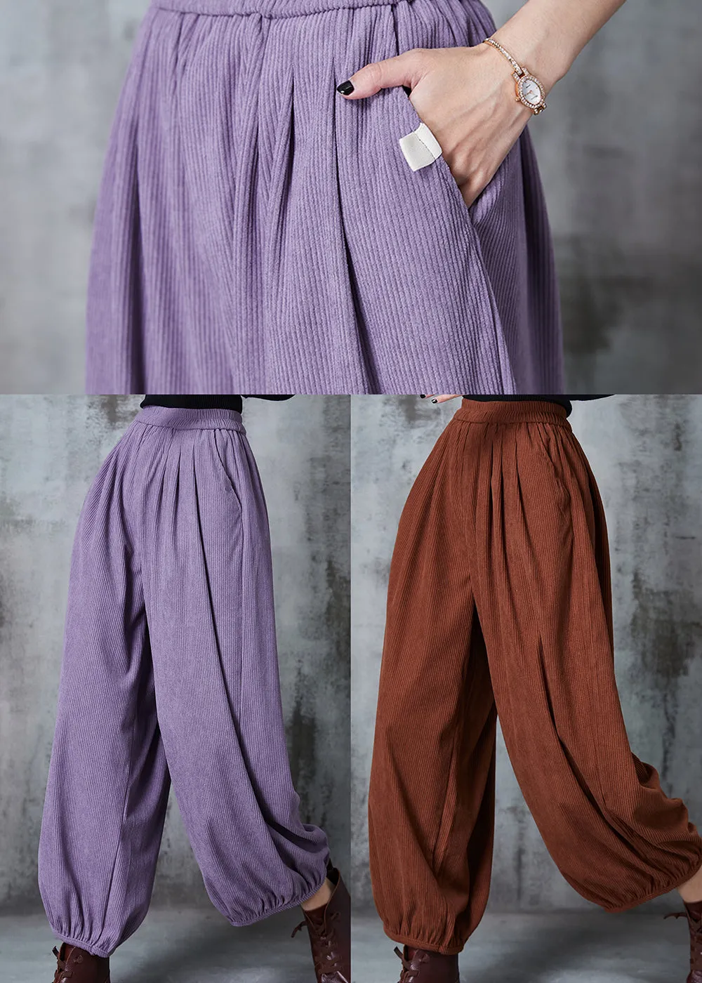 Purple Corduroy Pants Plus Size Elastic Waist Spring.