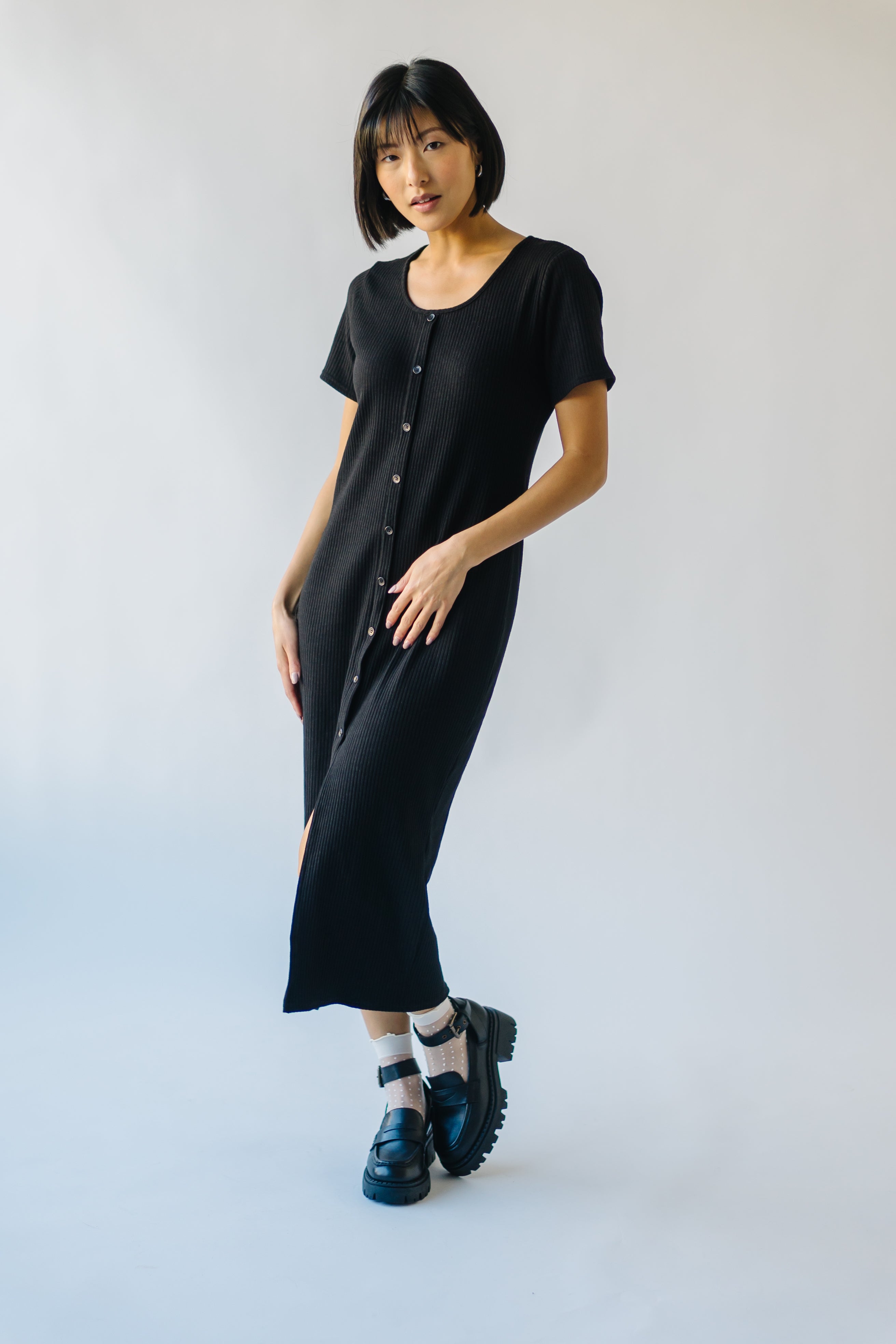 Pomona Ribbed Button Dress Black