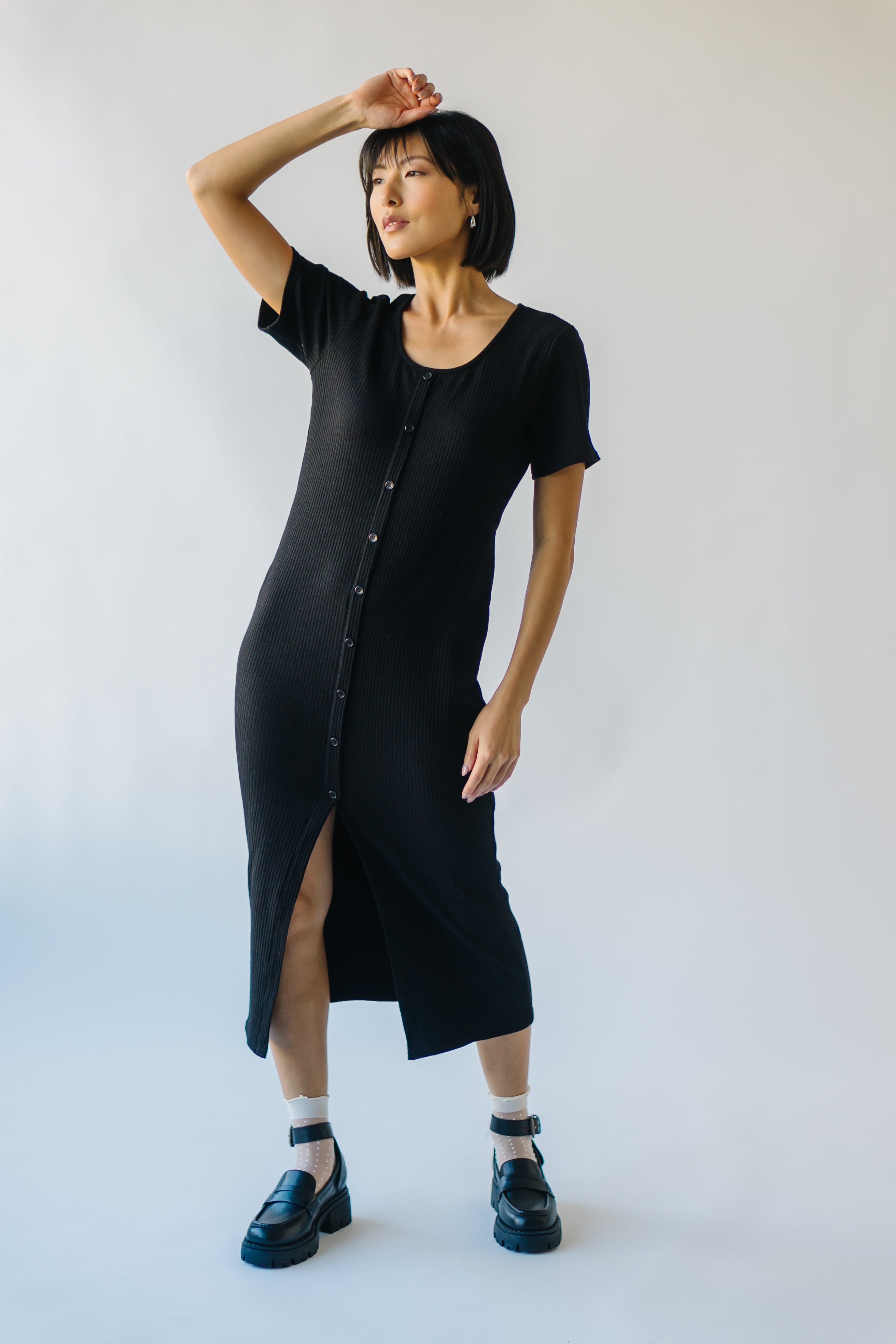 Pomona Ribbed Button Dress Black