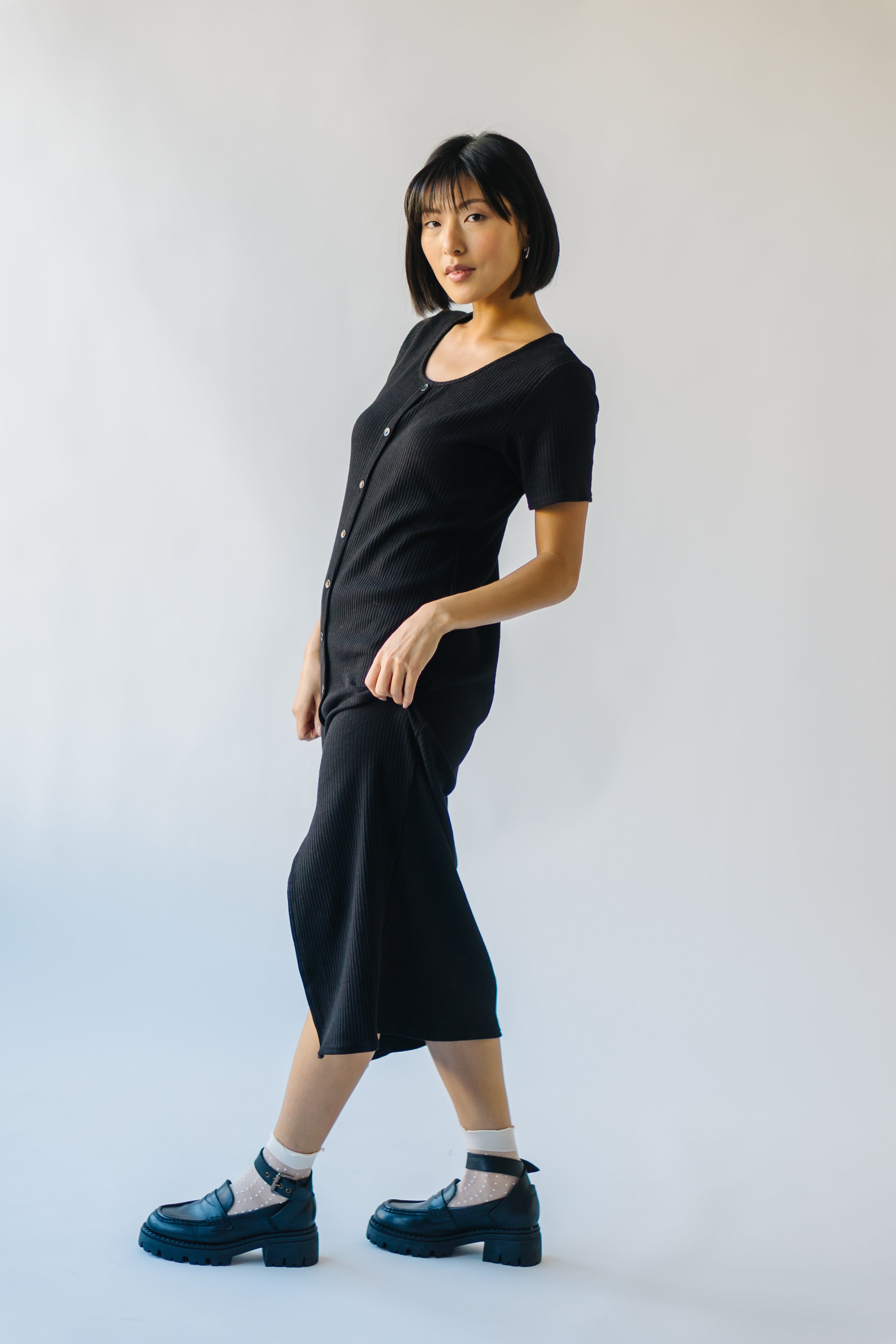 Pomona Ribbed Button Dress Black