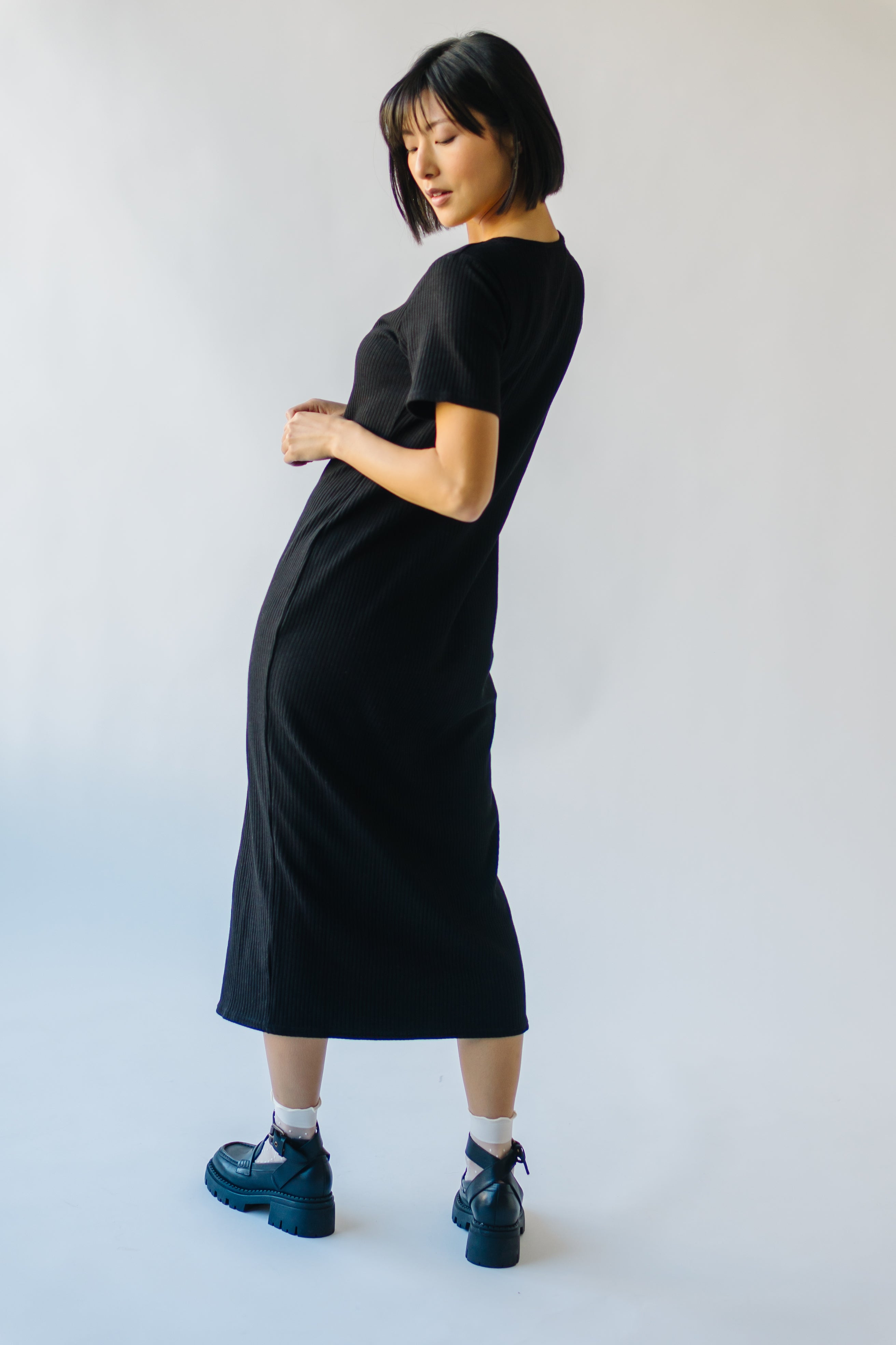 Pomona Ribbed Button Dress Black