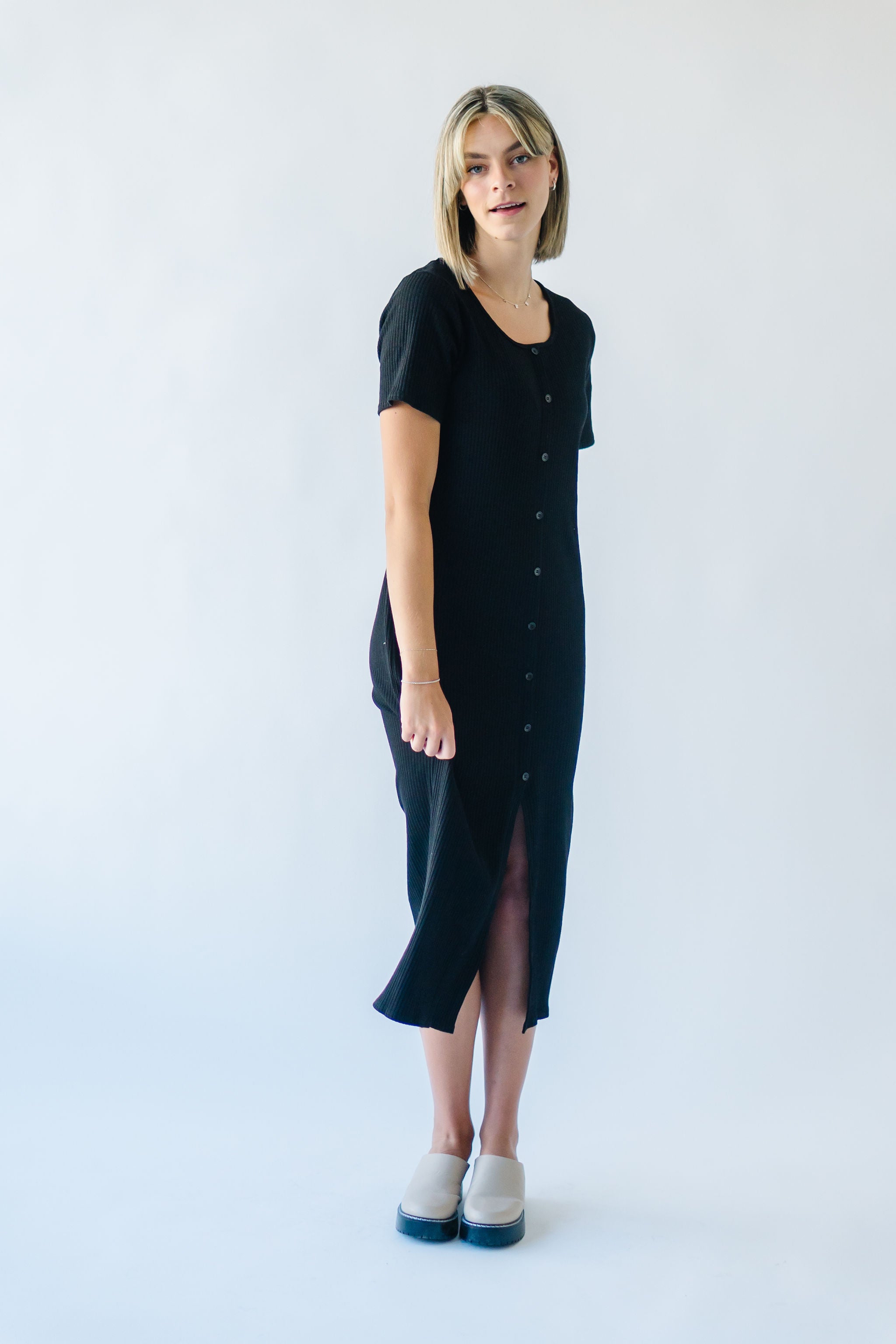 Pomona Ribbed Button Dress Black