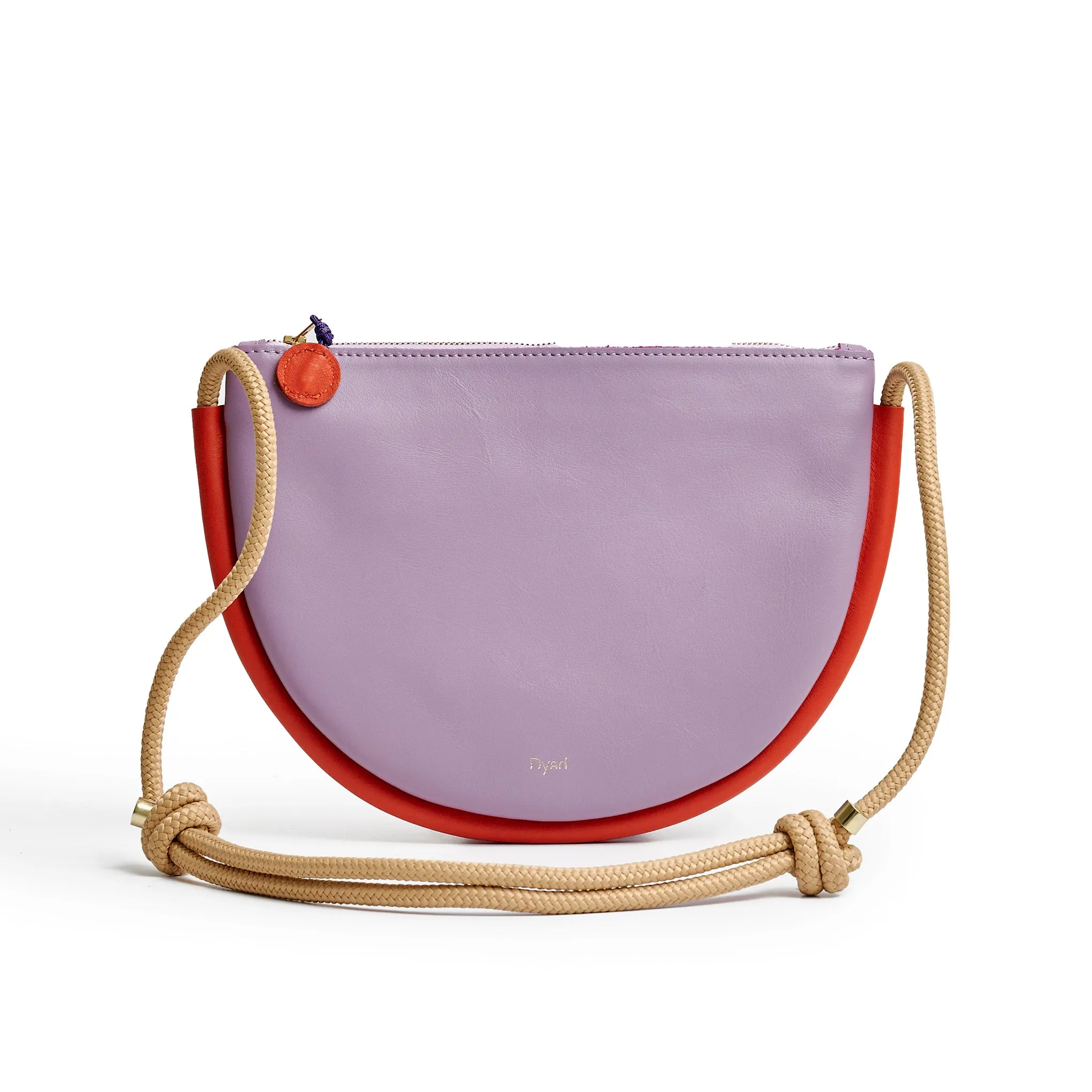 Project Dyad Adjustable Rope Strap Selene Zipper Bag, Lilac/Lobster Red color with Inner small pocket.