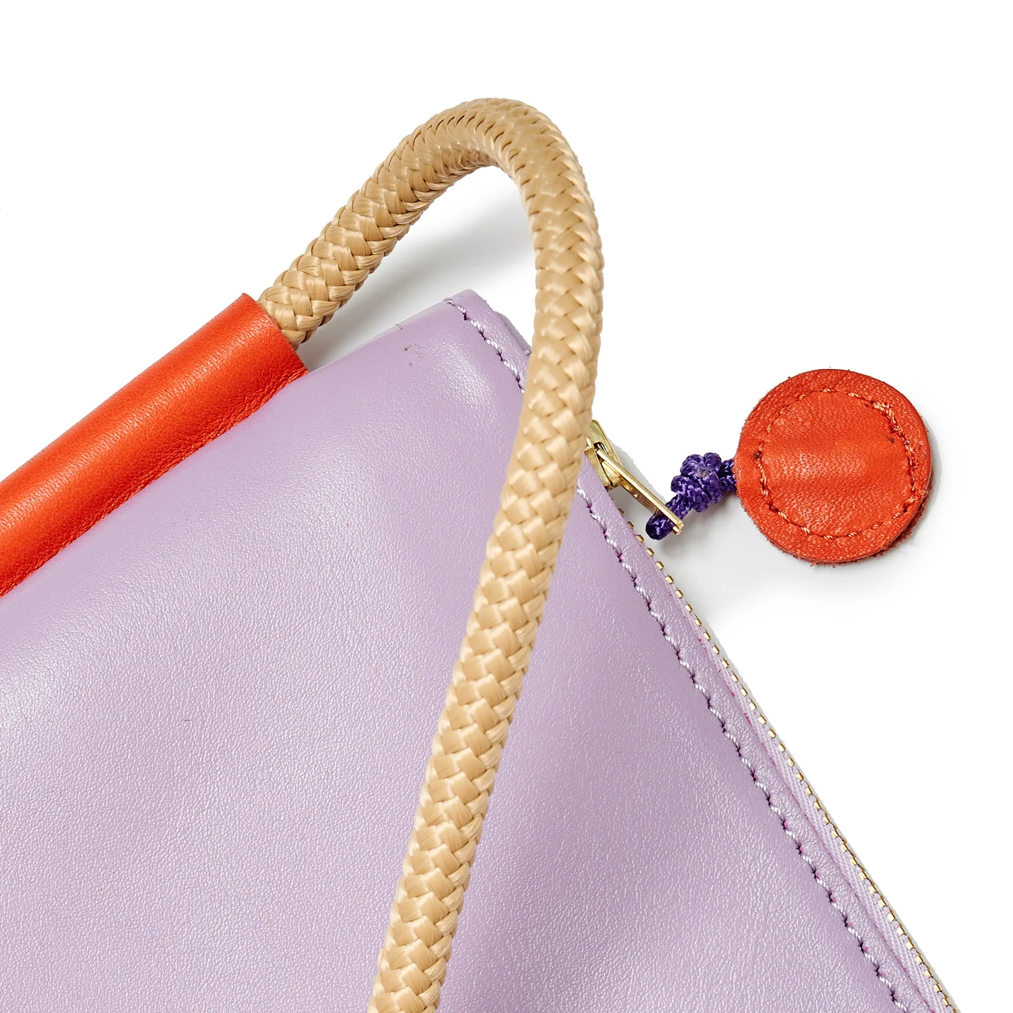 Project Dyad Adjustable Rope Strap Selene Zipper Bag, Lilac/Lobster Red color with Inner small pocket.