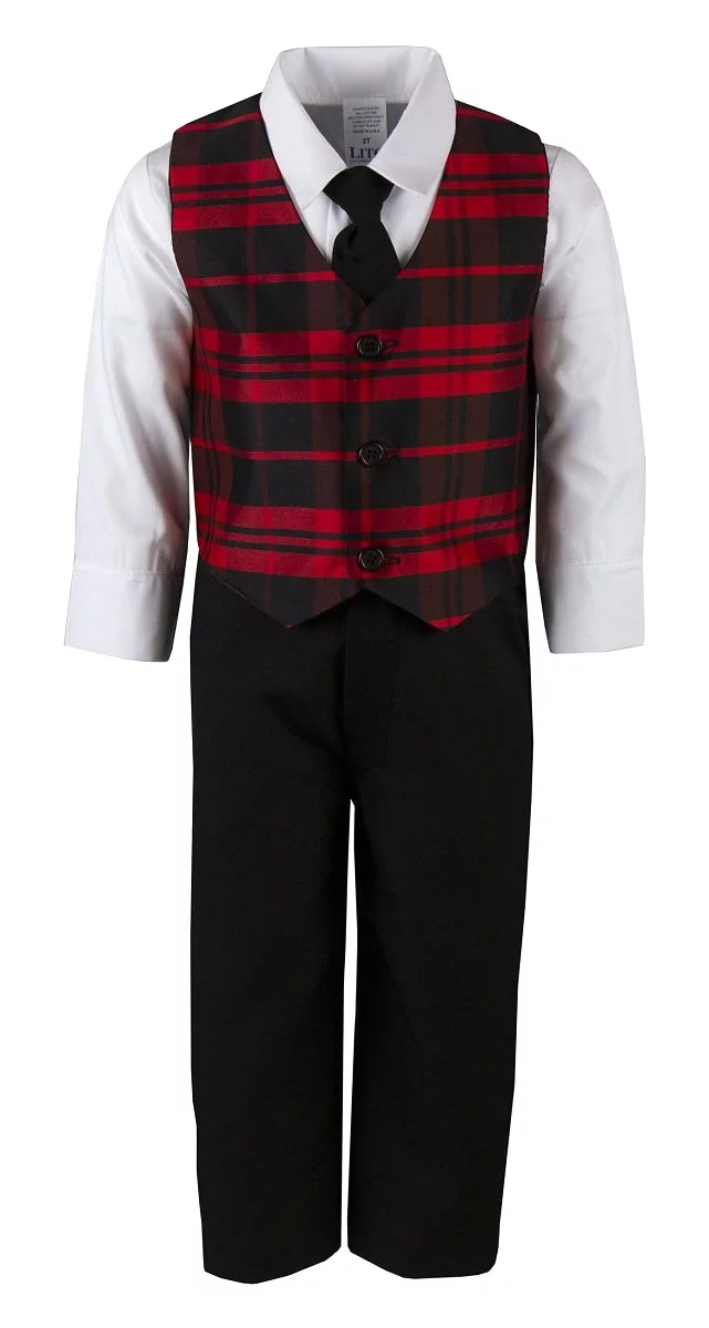 Red and Green Plaid Designer Holiday Pant Set for Kids with Vest and Tie