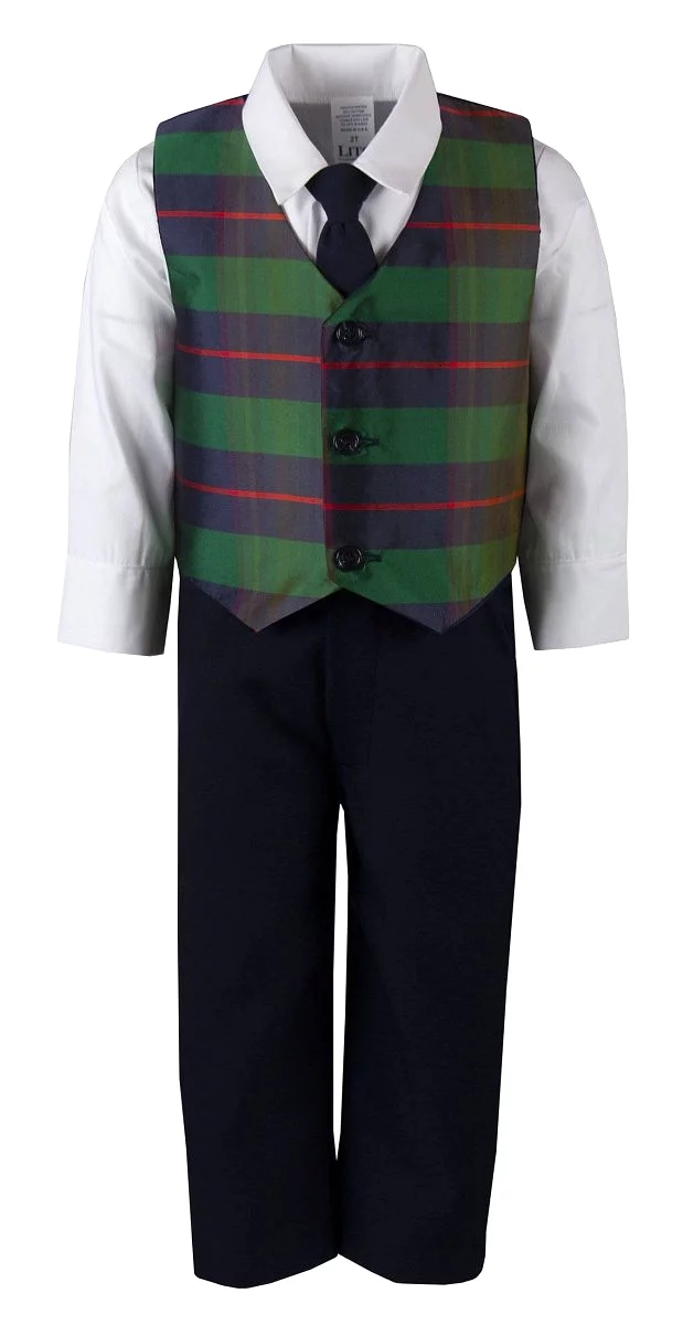 Red and Green Plaid Designer Holiday Pant Set for Kids with Vest and Tie