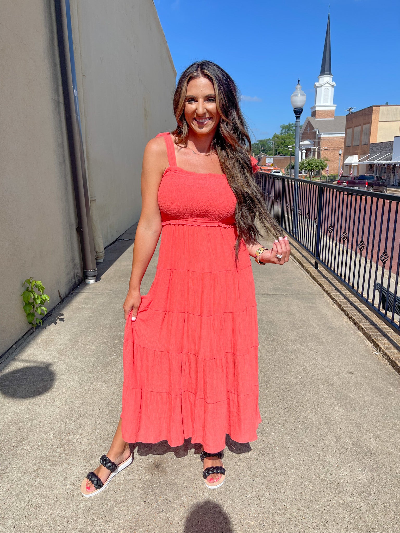 Red Orange Smocked Midi Dress