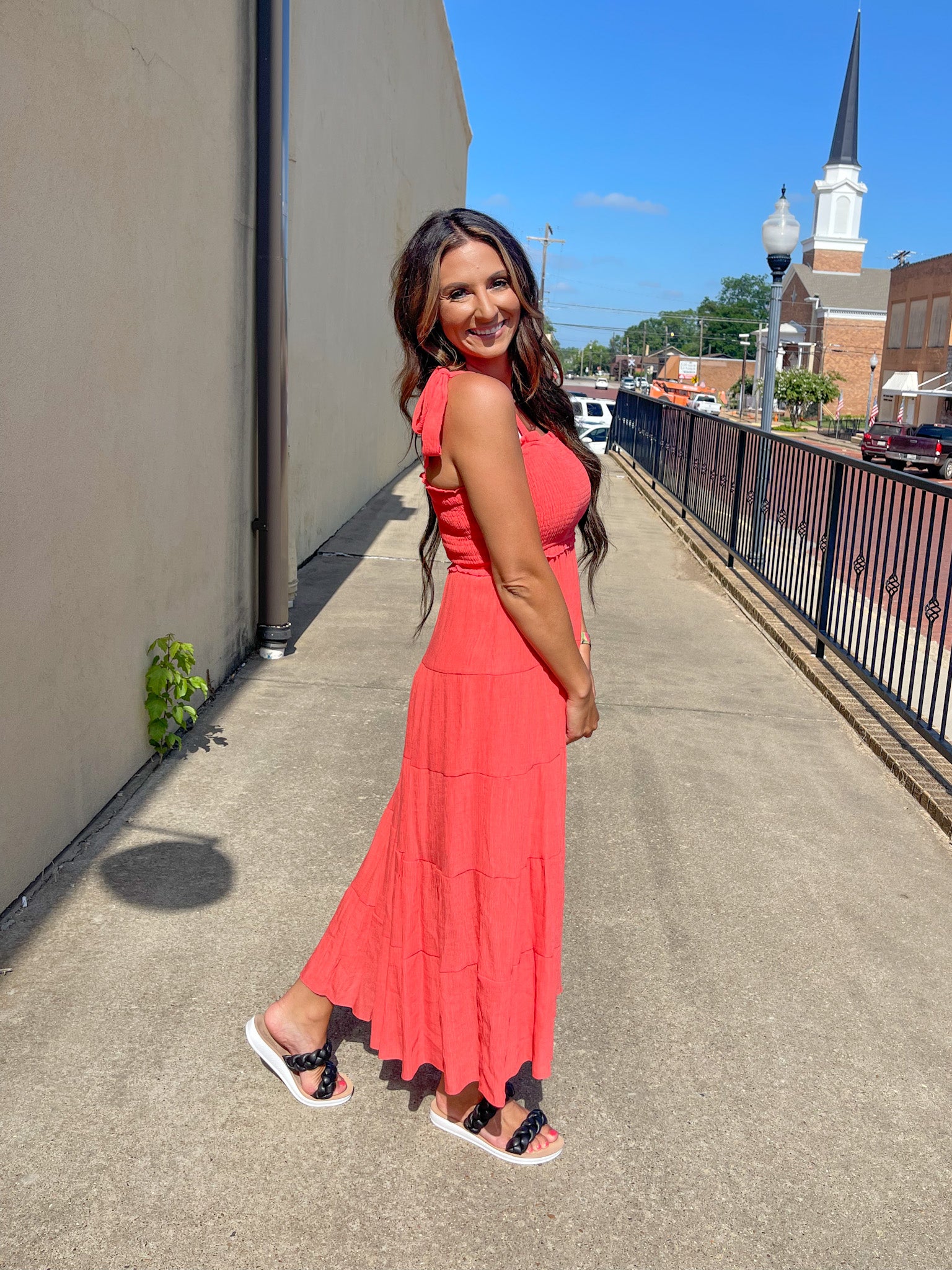 Red Orange Smocked Midi Dress