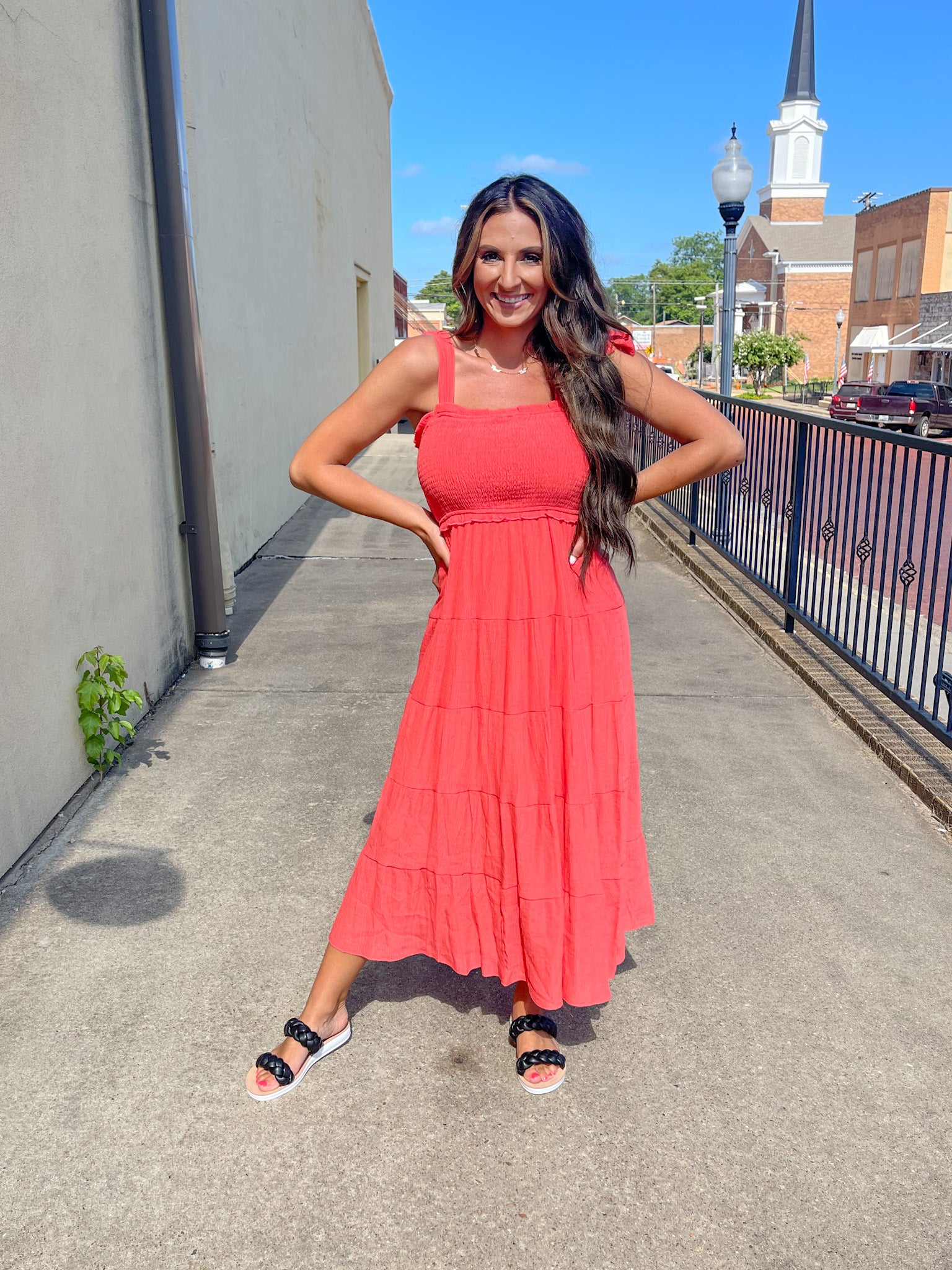 Red Orange Smocked Midi Dress