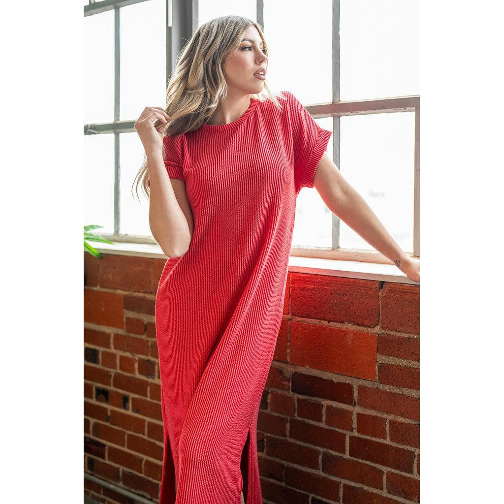 Red Ribbed Midi Dress