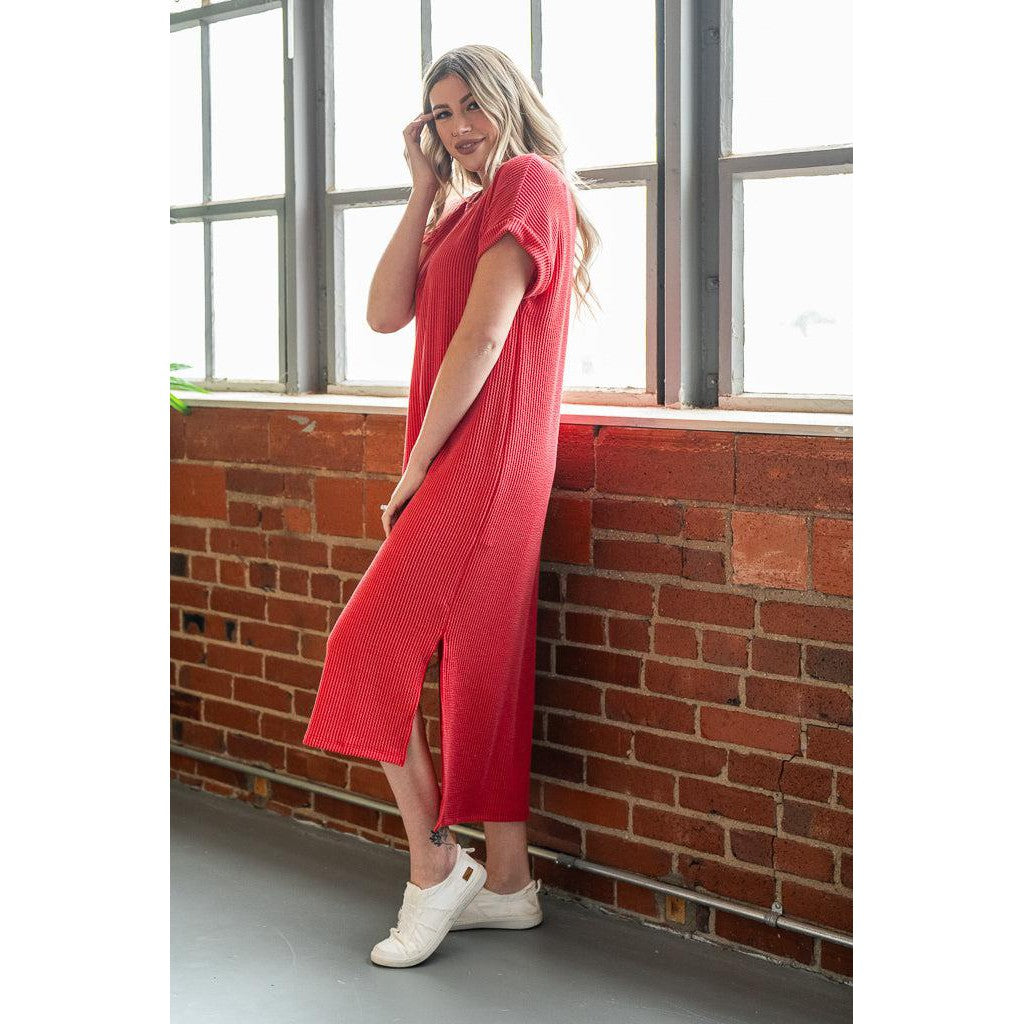 Red Ribbed Midi Dress