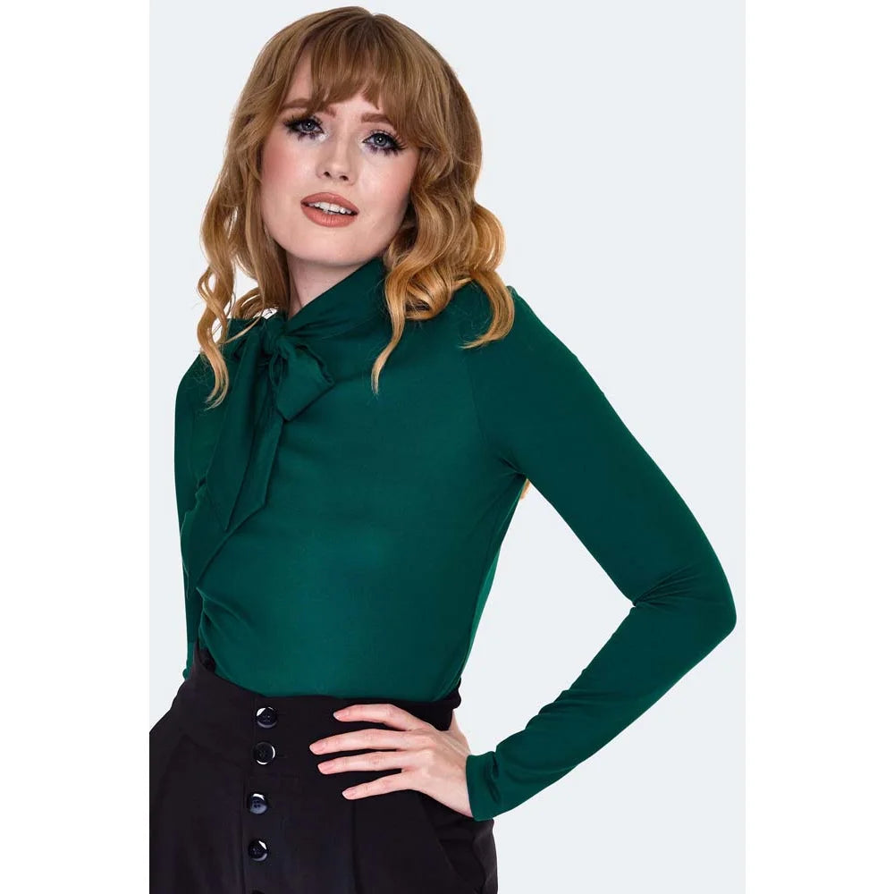 Retro Tie Neck Green Long Sleeve Top