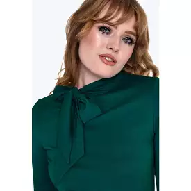 Retro Tie Neck Green Long Sleeve Top