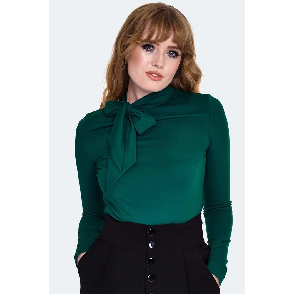 Retro Tie Neck Green Long Sleeve Top