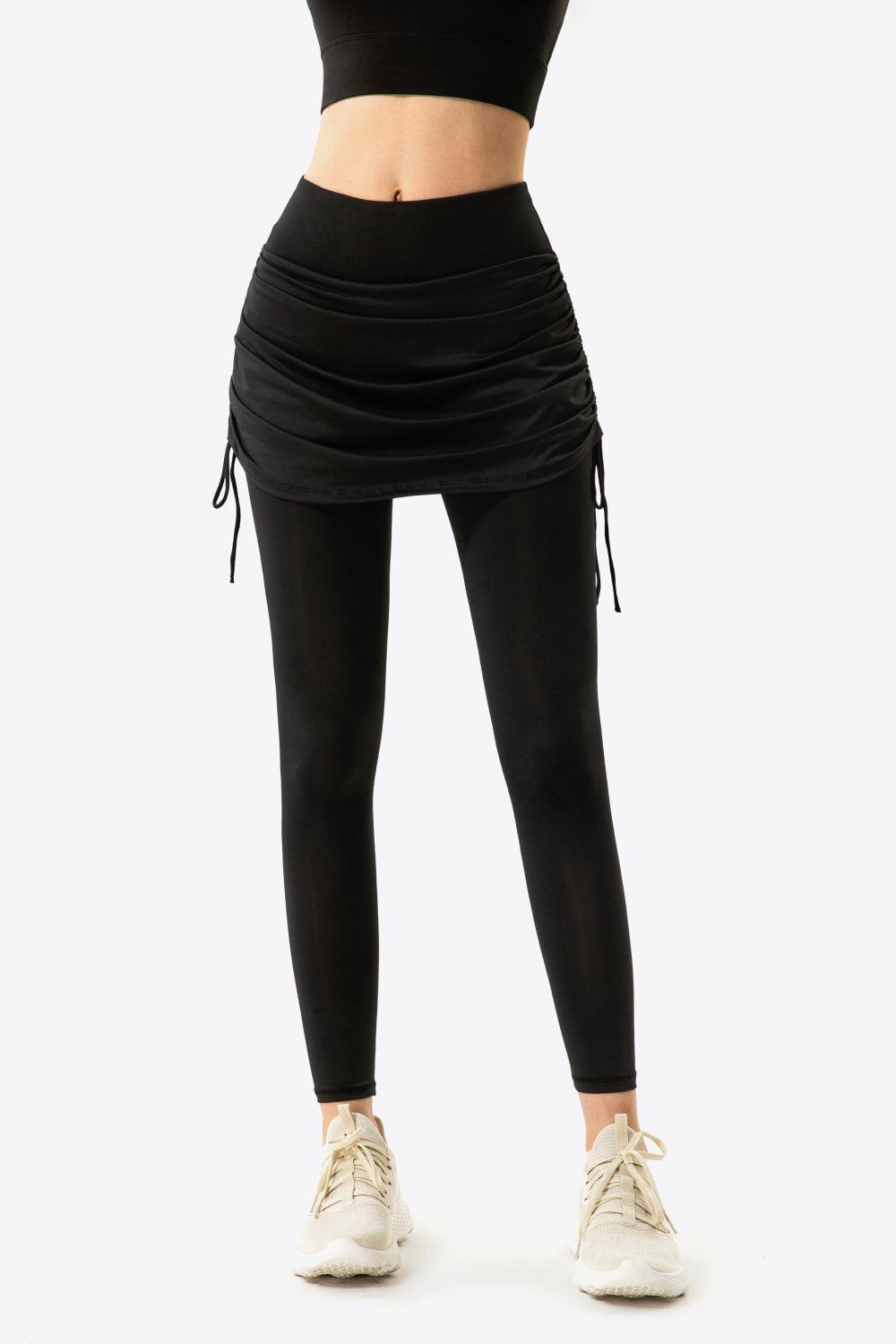 Ruched Drawstring Yoga Leggings with Faux Layer