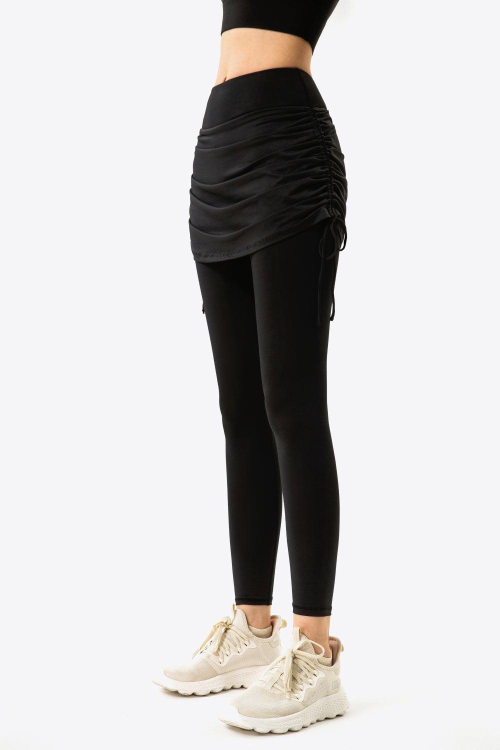 Ruched Drawstring Yoga Leggings with Faux Layer