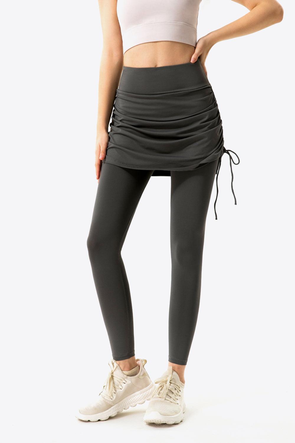 Ruched Drawstring Yoga Leggings with Faux Layer